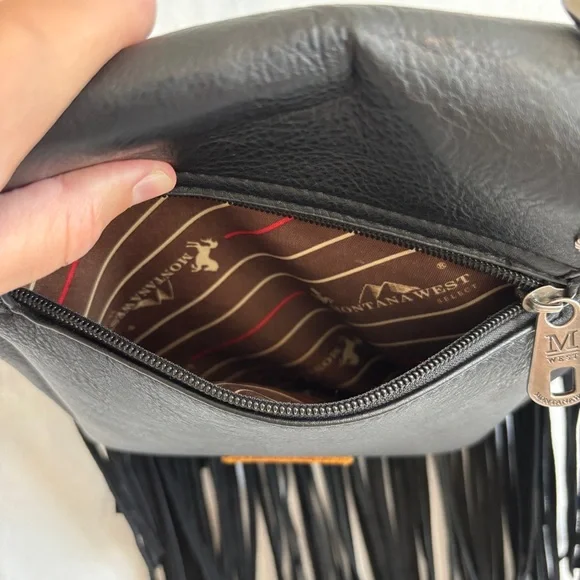 Montana West black leather Fringe Mariposa silver turquoise cross body bag purse - Picture 15 of 16